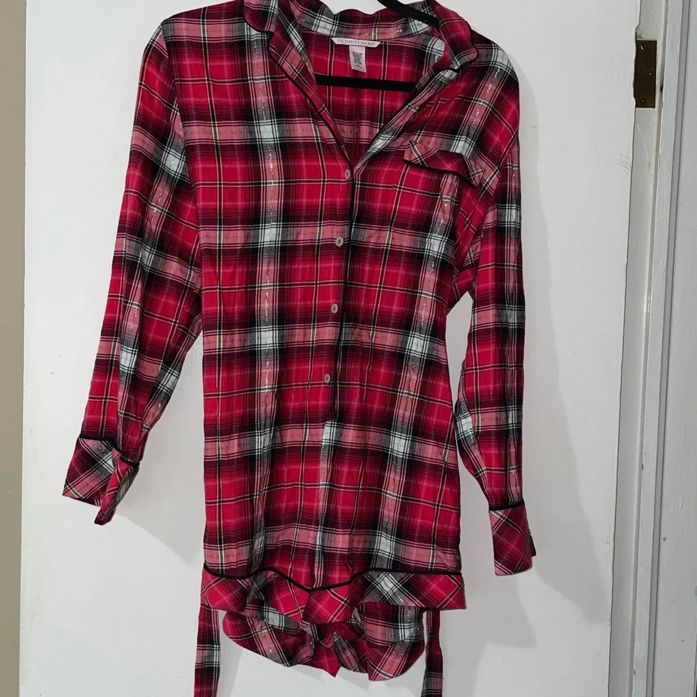 Victoria's Secret Plaid Flannel Pajama Romper Tie Red Black Pink Silver Size M - Picture 2 of 12
